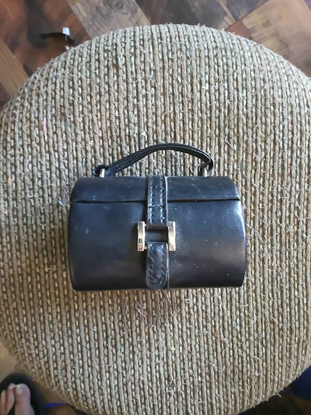 Black Leather Mini Top-Handle Bag Travel Jewelry Box with Gold Buckle